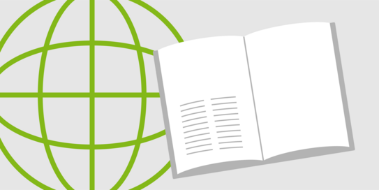 News-Icon Buch und Weltkugel Icon einer angedeuteten Weltkugel mit geöffnetem Projekt-Buch